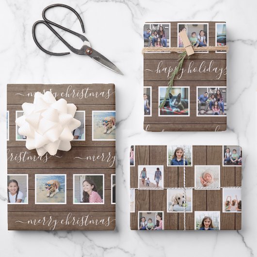 任意の文字12フォトコラージュ素朴ウッドクリスマス ラッピングペーパーシート