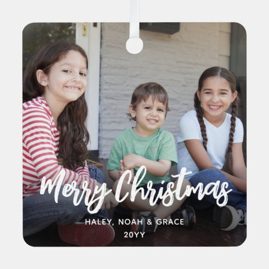 任意の文字2フォトトレンディーブラシ付き白いスクリプト メタルオーナメント (正面)