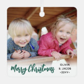 任意の文字2フォトトレンディーブラシ付き緑のスクリプト メタルオーナメント (正面)