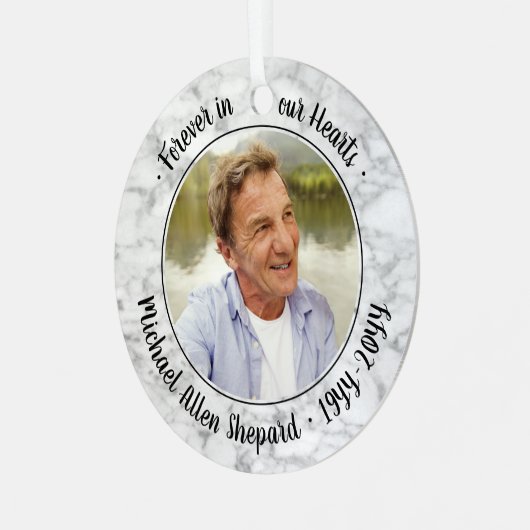 任意の文字2フォトメモリアルエレガントマフェイクーブル メタルオーナメント (正面左)