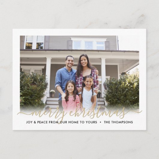 任意の文字2フォトメリークリスマス&ハッピー新年金ゴールド シーズンポストカード (正面)