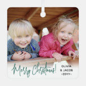 任意の文字2フォトモダンシンプル緑スクリプト メタルオーナメント (正面)