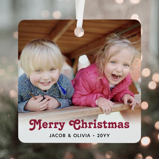 任意の文字2フォトレッドレトロタイポグラフィシンプル メタルオーナメント