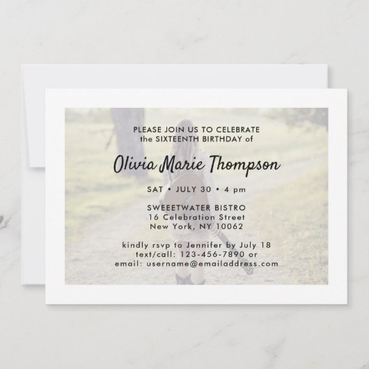 任意の文字2写真モダンミニマル16誕生日 招待状 (裏面)