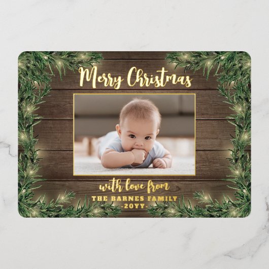 任意の文字2素朴フォトウッド、松&ストリングライト 箔シーズンカード (正面)