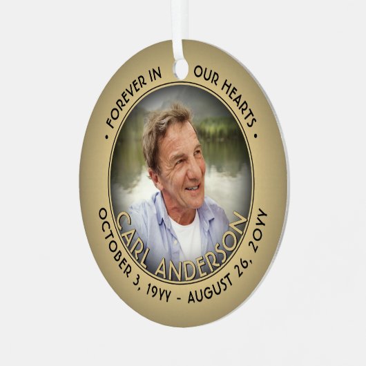 任意の文字2 Photo Memorialブラックと金ゴールドフォイルフェイク メタルオーナメント (正面左)