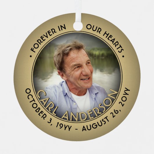 任意の文字2 Photo Memorialブラックと金ゴールドフォイルフェイク メタルオーナメント (正面)