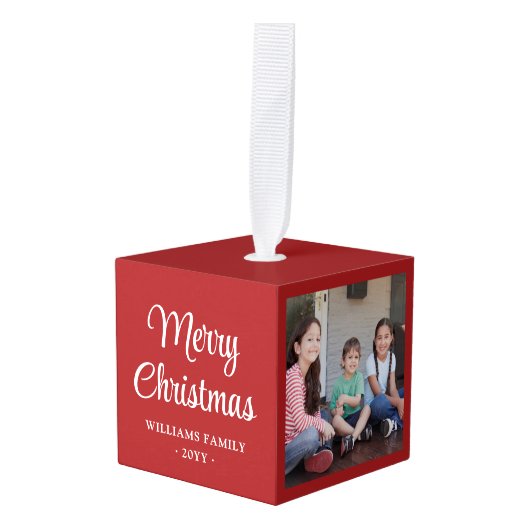 任意の文字3フォトシンプルーモダンミニマリスト赤 キューブオーナメント (正面アングル)