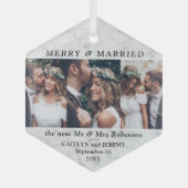 任意の文字3 Photo Newlyweds & メリー Marbled結婚した ガラスオーナメント (正面)