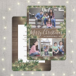 任意の文字4の写真とキャプション・ウッド、松&ライト シーズンカード<br><div class="desc">喜びのスタイリッシュ挨拶と共有を送るお気に入りの写真とフォトカスタムコラージュのホリデーカード4枚。このテンプレート上のすべての文字はカスタマイズシンプル、Merry Christmas、Happy Holiday、季節のごあいさつ、新年の応援など任意の文言を含む簡単である（画像の配置のヒント：写真を正確に中央に配置する方法は、Zazzleウェブサイトにアップロードする前にそれをトリミングする）。 農家のスタイルモダンデザインは、素朴な茶色の木の背景フェイク、フェスティバルの植物水色の松の緑と文字列の光シンプル、トレンディータイプライターのタイポグラフィ、手書きのスタイルスクリプトの書道と写真のグリッドの4つの画像が好きでユニークす。家族や友人は、このカードを表示することが好きエレガントになパーソナライズされたるだろう。</div>