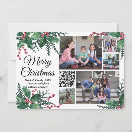 任意の文字QRコードクリスマスホリー5フォトコラージュ シーズンカード (正面)