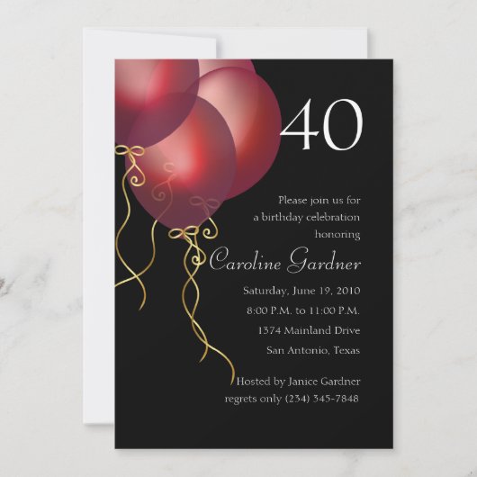 任意の番号の誕生日赤いバルーン 招待状 (正面)