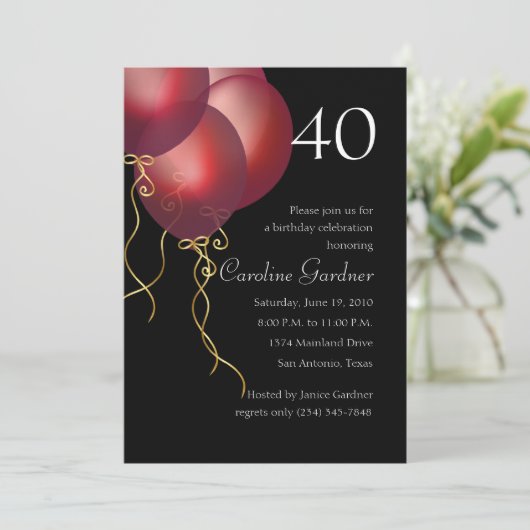 任意の番号の誕生日赤いバルーン 招待状 (スタンド正面)