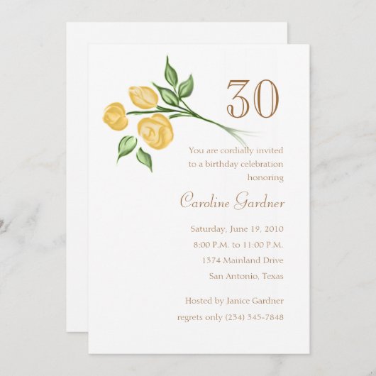 任意の番号誕生日招待状スリーイエローローズ 招待状 (正面/裏面)