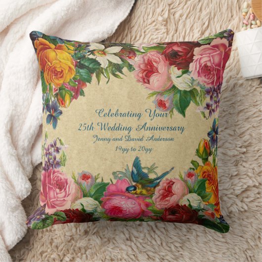 任意の結婚記念日ヴィンテージフローラの名前の追加 クッション (ブランケット)