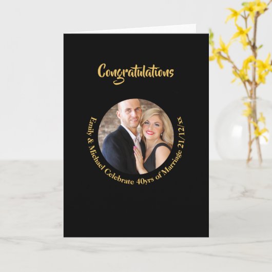 任意の結婚記念日 ブラック ゴールド マーブル フォト カード (黄色い花)