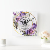 任意の結婚金ゴールドフレームパープルバラ記念日 スクエア壁時計 (ホーム)