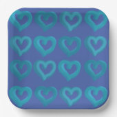 任意の背景色の青いハート紙プレート ペーパープレート (正面)