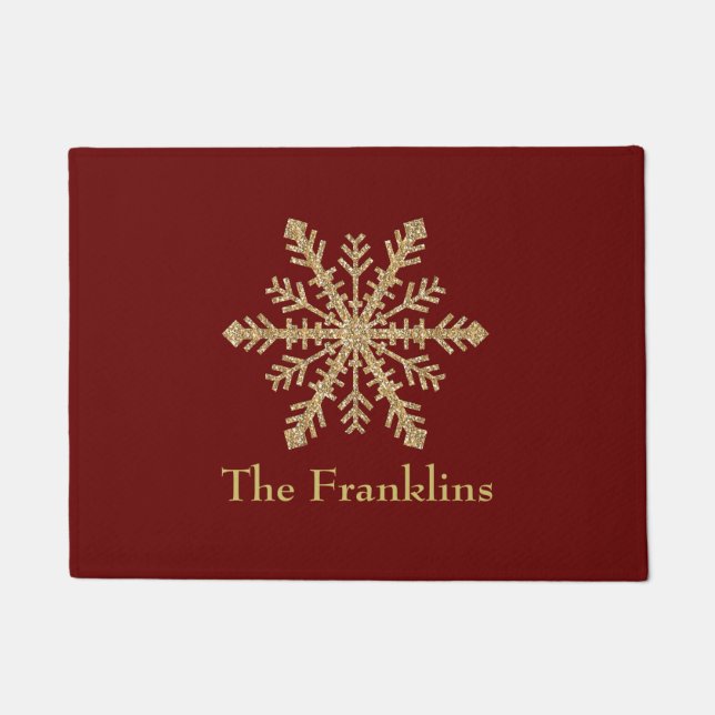 任意の色と金ゴールドグリッタースノーフレーク ドアマット (正面)
