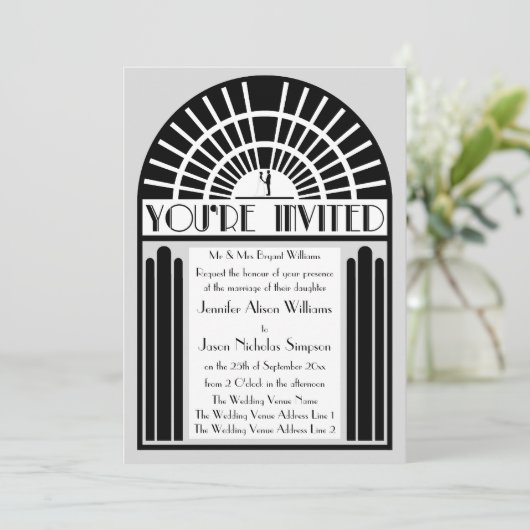 任意の色のはっきりしたアールデコスタイル結婚式招待状 招待状 (スタンド正面)