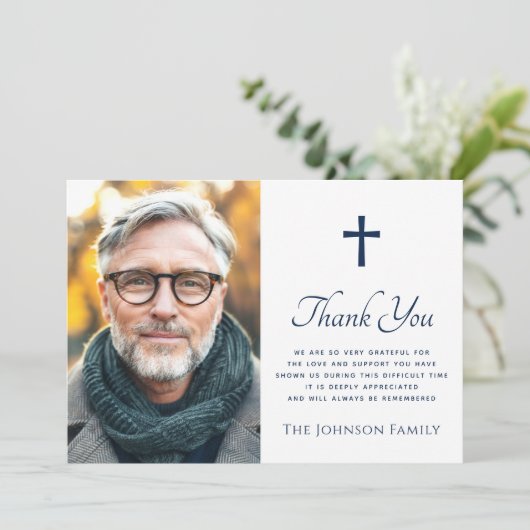 任意の色のクロス写真葬儀悔やみや弔慰感謝していあなた サンキューカード (スタンド正面)