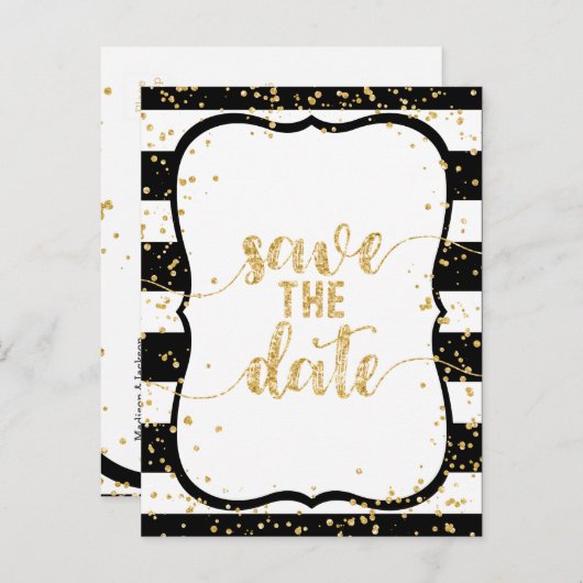 任意の色のストライプ金ゴールド&結婚式の日付を保存 案内ポストカード (正面/裏面)