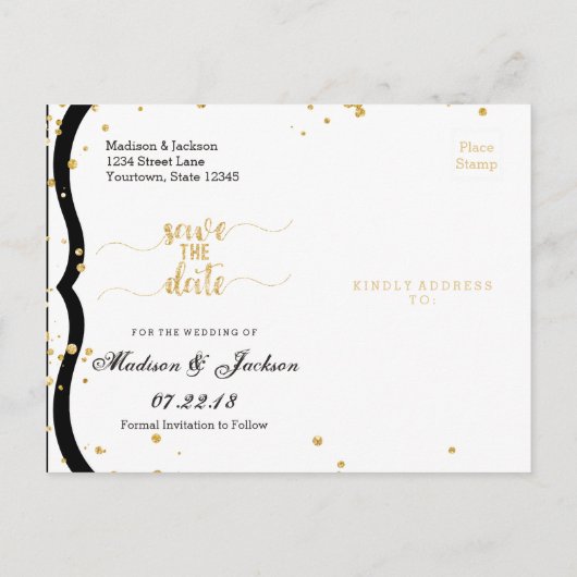 任意の色のストライプ金ゴールド&結婚式の日付を保存 案内ポストカード (裏面)