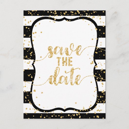 任意の色のストライプ金ゴールド&結婚式の日付を保存 案内ポストカード (正面)