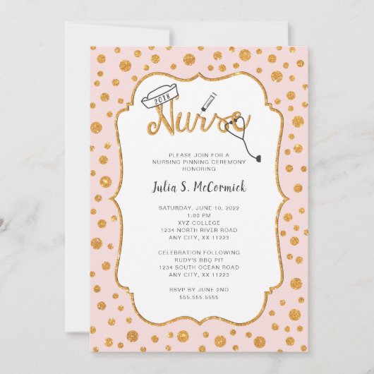 任意の色のナース目盛りのピン止め+フェイク金ゴールド 招待状 (正面)