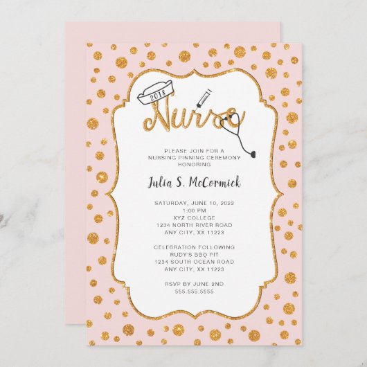 任意の色のナース目盛りのピン止め+フェイク金ゴールド 招待状 (正面/裏面)