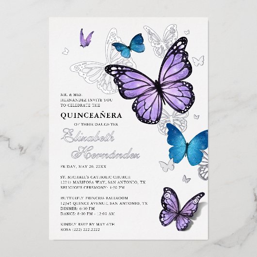 任意の色の蝶のエレガントキンセアニェラ 箔招待状 (正面)