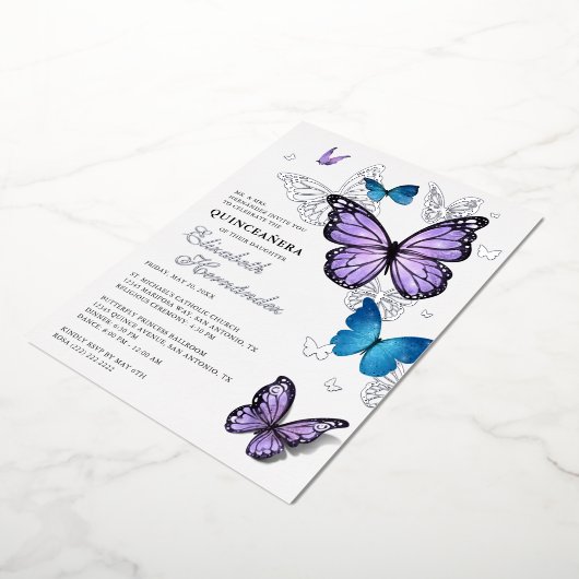 任意の色の蝶のエレガントキンセアニェラ 箔招待状 (回転した状態)