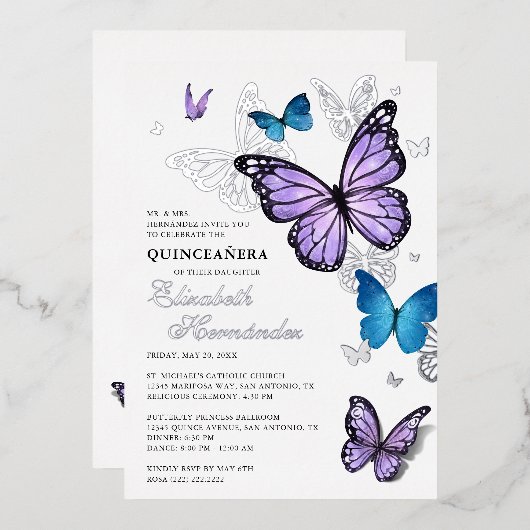 任意の色の蝶のエレガントキンセアニェラ 箔招待状 (正面/裏面)