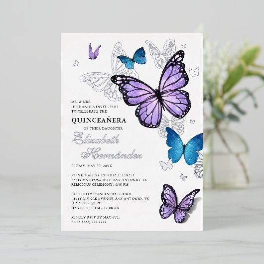 任意の色の蝶のエレガントキンセアニェラ 箔招待状 (立ち正面)