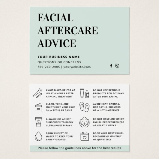 任意の色の顔のアフターケアアドバイス指示カード (正面&裏面)