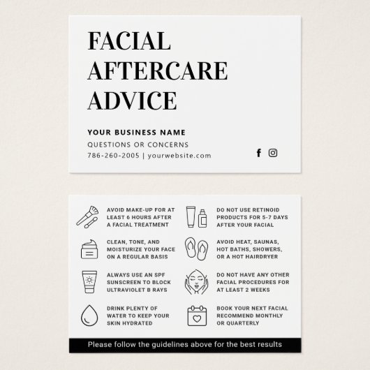 任意の色の顔のアフターケアアドバイス指示カード (正面&裏面)