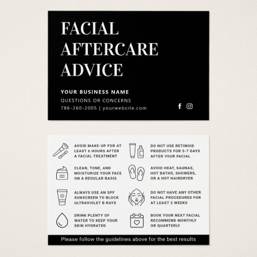 任意の色の顔のアフターケアアドバイス指示カード (正面&裏面)