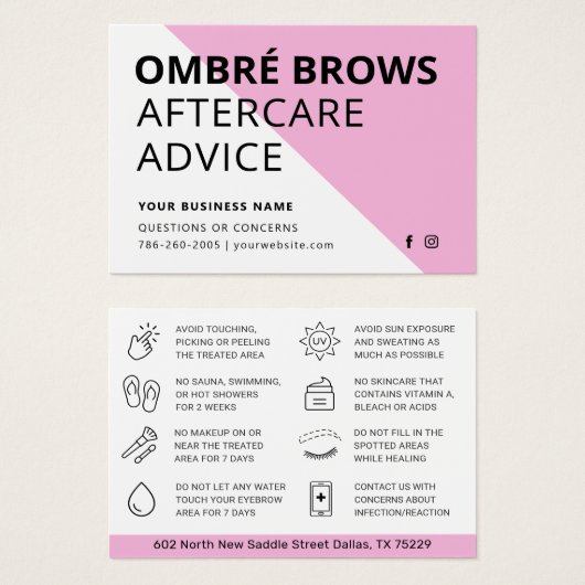 任意の色ピンクの粉グラデーション粉の眉アフターケアカード (正面&裏面)