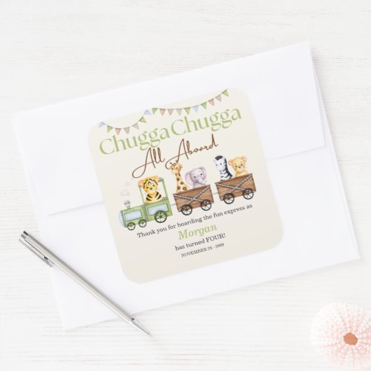 任意の誕生日かわいいチュガ水の色の動物電車 スクエアシール (封筒)