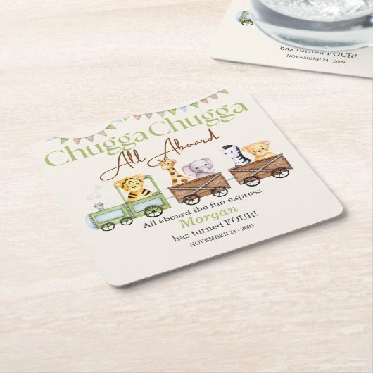 任意の誕生日かわいいチュガ水の色の動物電車 スクエアペーパーコースター (アングル)