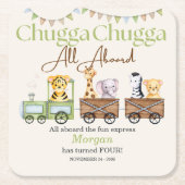 任意の誕生日かわいいチュガ水の色の動物電車 スクエアペーパーコースター (正面)