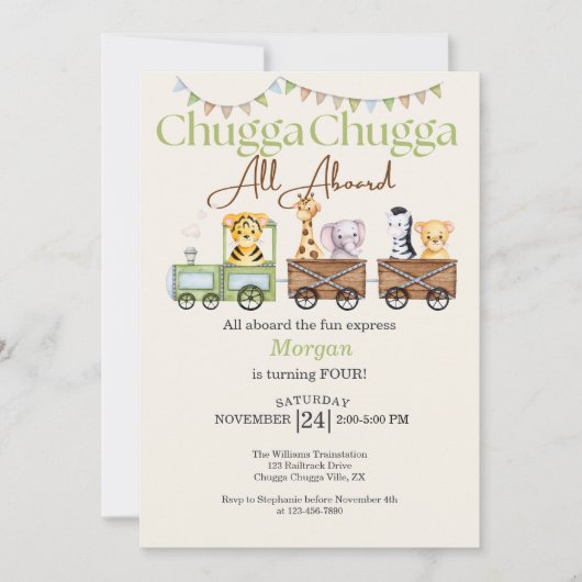 任意の誕生日かわいいチュガ水の色の動物電車 招待状 (正面)
