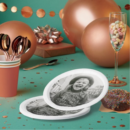 任意の誕生日シックなホワイトタイポグラフィフォトパーティー ペーパープレート (複数)