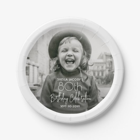 任意の誕生日シックなホワイトタイポグラフィフォトパーティー ペーパープレート (正面)