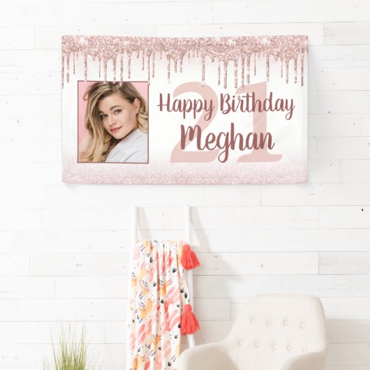 任意の誕生日バラ金ゴールドグリッタードリップスパークルフォト 横断幕 (インサイチュ)