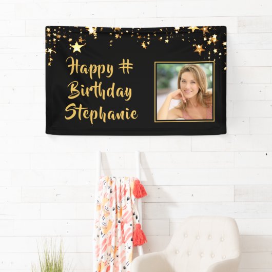 任意の誕生日フォトブラック金ゴールド星パーソナライズされた 横断幕 (インサイチュ)