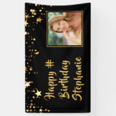 任意の誕生日フォトブラック金ゴールド星パーソナライズされた 横断幕 (縦)