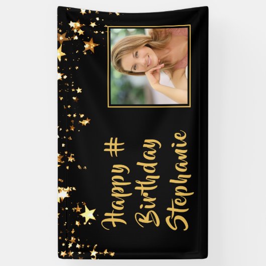 任意の誕生日フォトブラック金ゴールド星パーソナライズされた 横断幕 (縦)