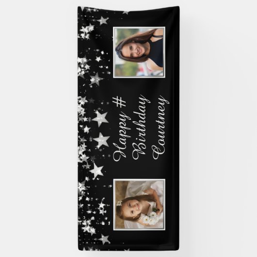 任意の誕生日ブラックシルバースターズ写真カスタム文字 横断幕 (縦)