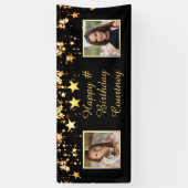 任意の誕生日ブラック金ゴールドスター2写真カスタム文字 横断幕 (縦)